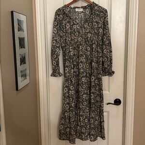 Carly Jean Los Angeles Floral Maxi Dress in Olive Green and Cream